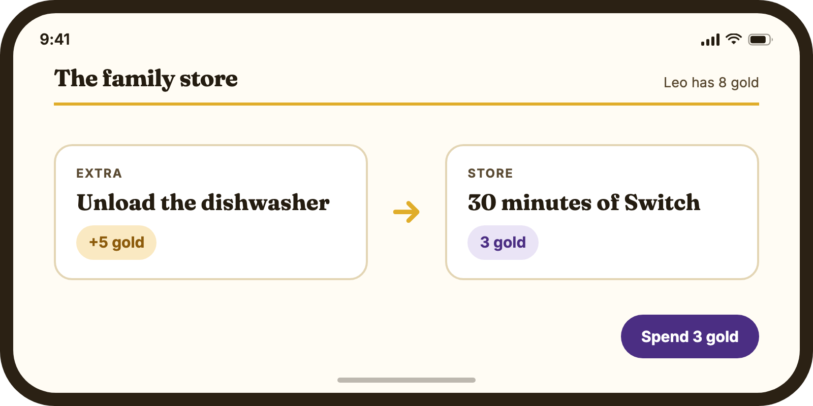 The family store held sideways: unload the dishwasher for 5 gold, spend 3 gold on 30 minutes of Switch