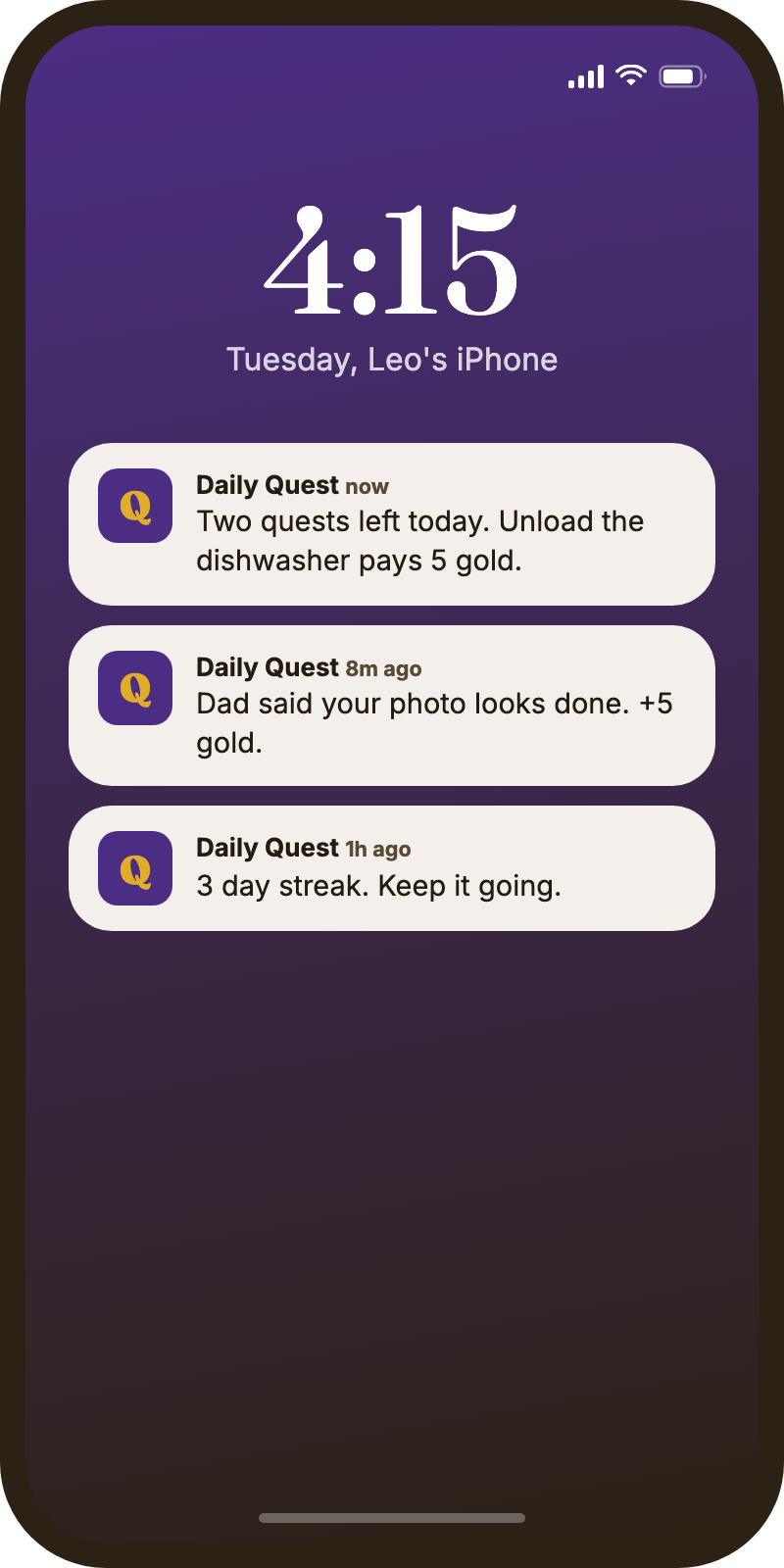 A kid's lock screen with Daily Quest reminders, sent to the kid and not the parent