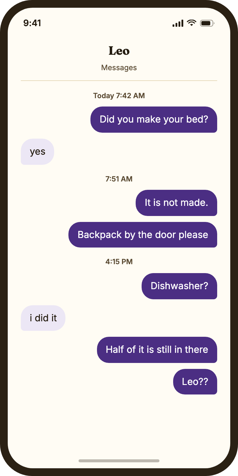 A parent's text thread with a kid about the bed, the backpack and the dishwasher
