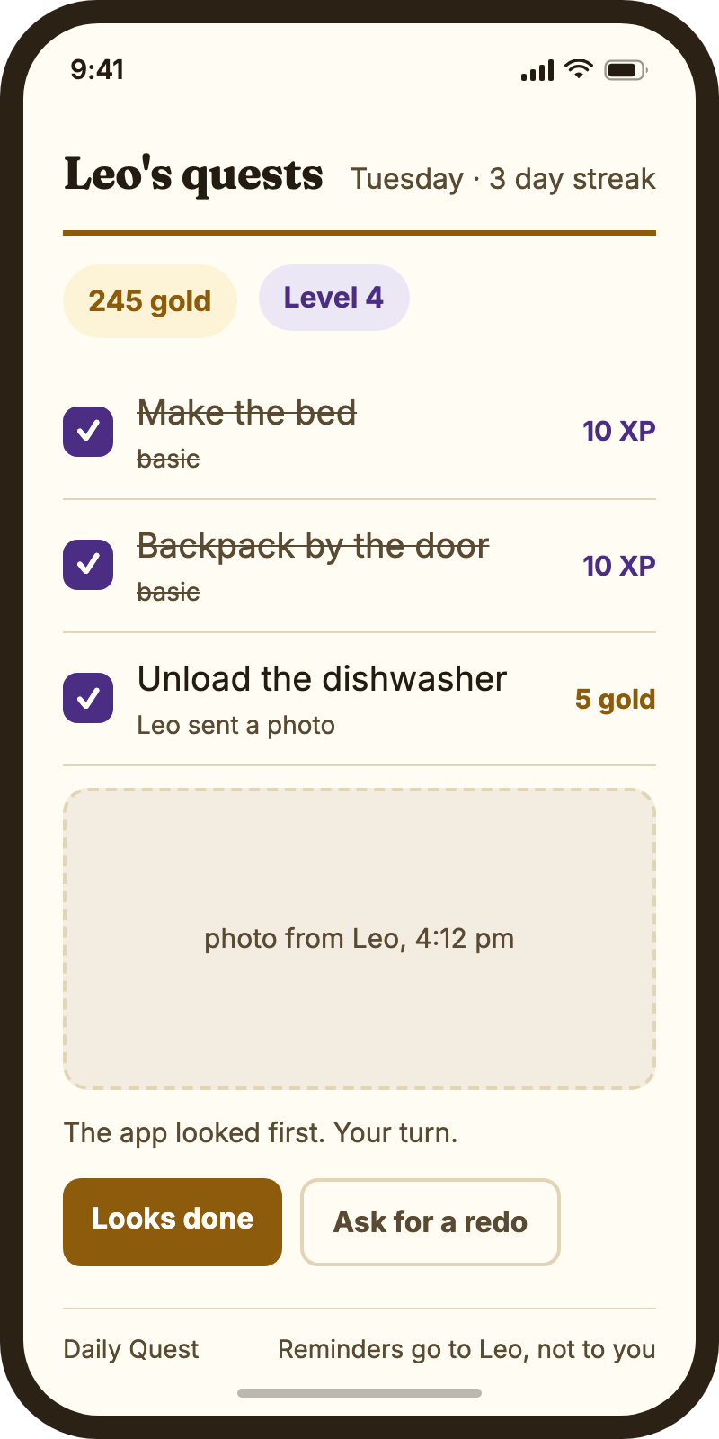 A kid sent a photo of the unloaded dishwasher; the parent can say it looks done or ask for a redo