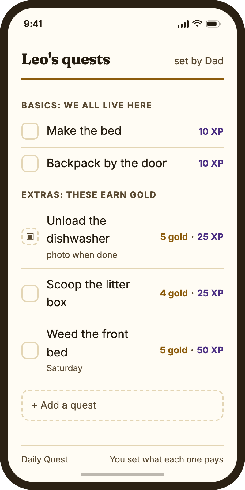 The quest list a parent sets up: basics pay XP, extras pay gold