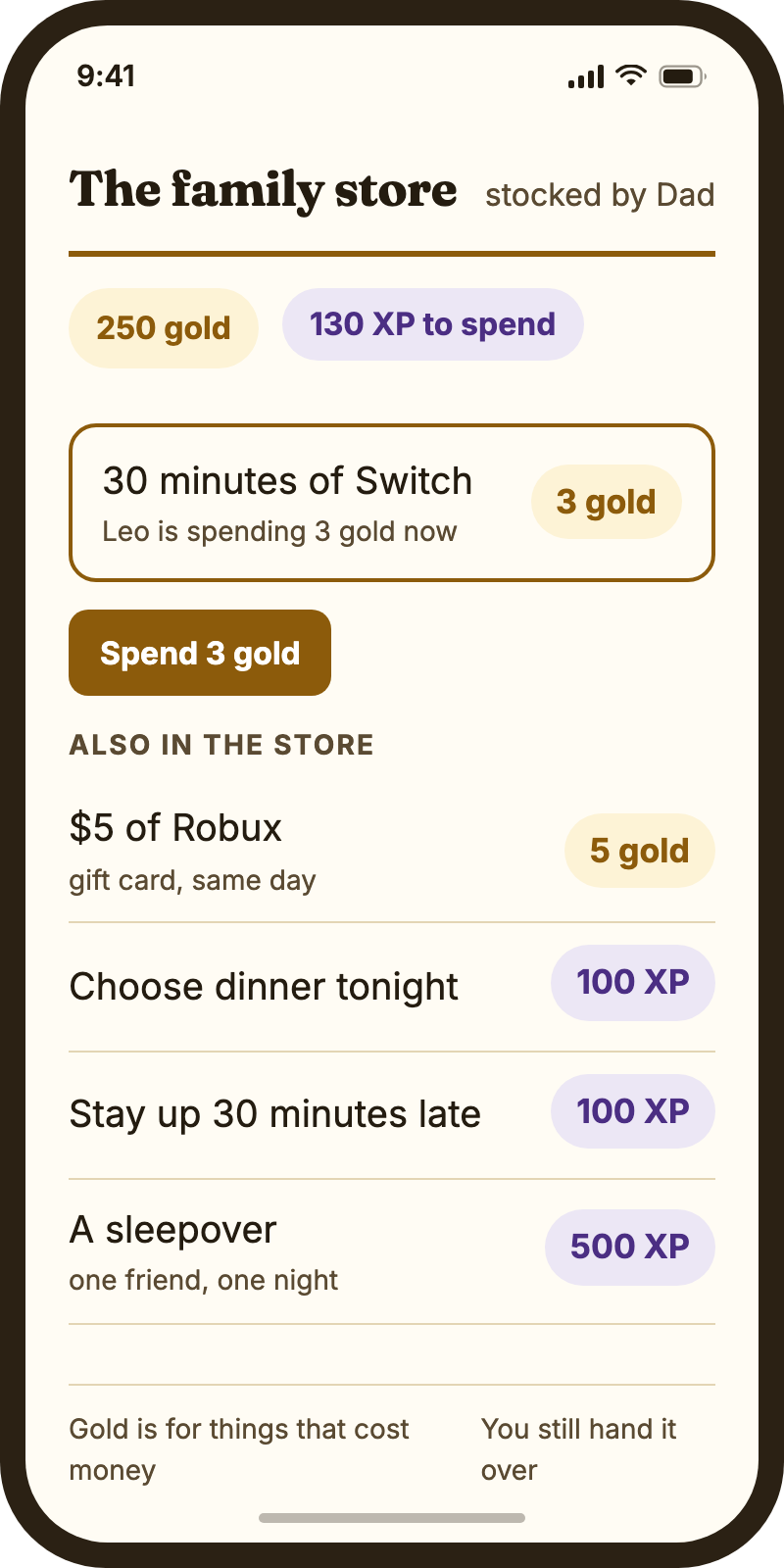 The family store: Switch time, Robux, dinner choice and a sleepover, priced in gold and XP
