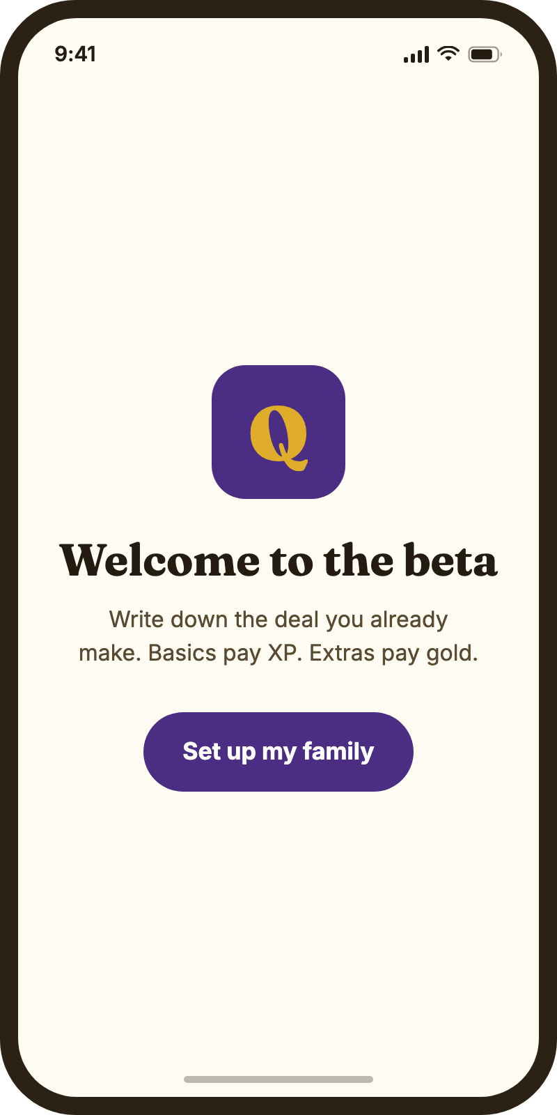 The welcome screen a beta family sees once invited