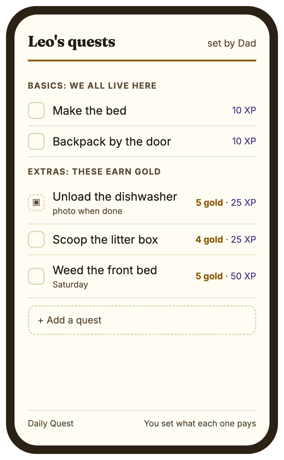 The quest list Dad sets up: basics pay XP, extras pay gold, with a photo asked for on the dishwasher