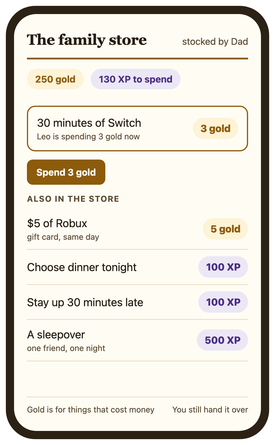 The family store: Leo spends 3 gold on 30 minutes of Switch, with Robux and dinner choice also priced